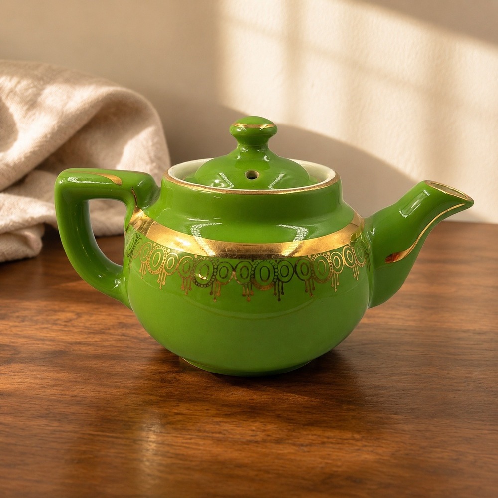 Vtg Hall‎ China 012 Green Teapot 2 Cup Gold Trim Filigree Made in USA 22k Gold